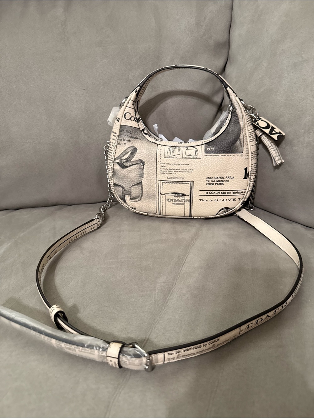 Coach Mini Newspaper-Print Hobo Bag in Cream and Black